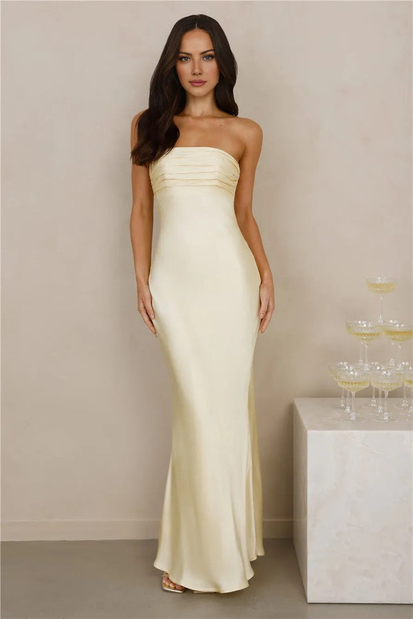 The Seraphina Strapless Satin Maxi Dress Yellow