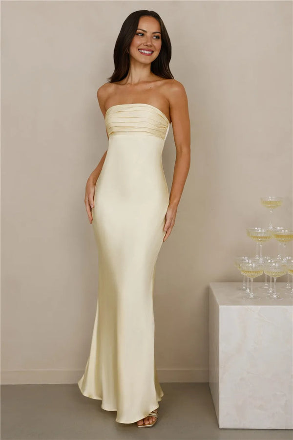 The Seraphina Strapless Satin Maxi Dress Yellow
