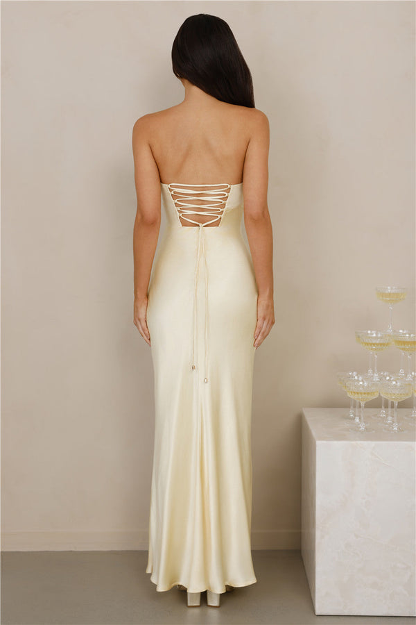 The Seraphina Strapless Satin Maxi Dress Yellow