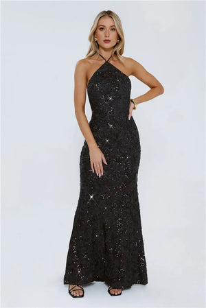 The Sparkling Muse Sequin Halter Maxi Dress Black