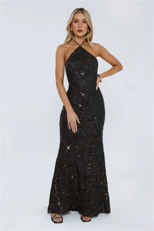 The Sparkling Muse Sequin Halter Maxi Dress Black