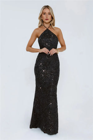 The Sparkling Muse Sequin Halter Maxi Dress Black