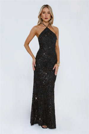 The Sparkling Muse Sequin Halter Maxi Dress Black