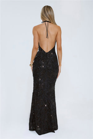 The Sparkling Muse Sequin Halter Maxi Dress Black