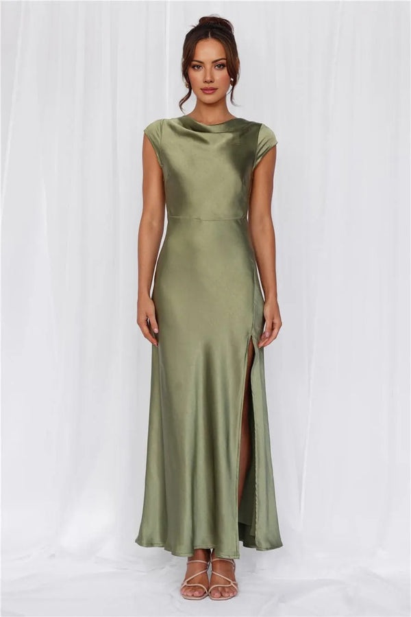 The Valentina Cap Sleeve Satin Maxi Dress Olive