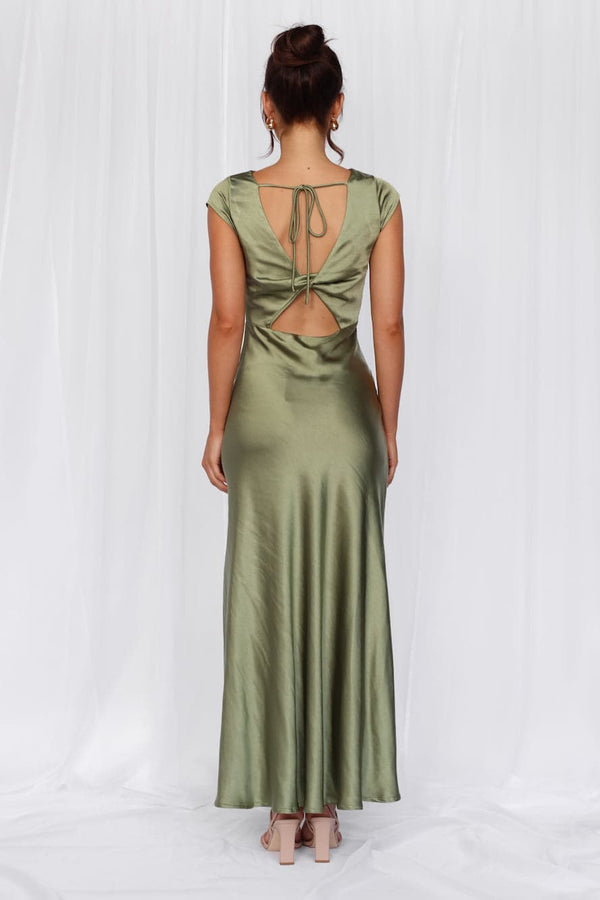 The Valentina Cap Sleeve Satin Maxi Dress Olive