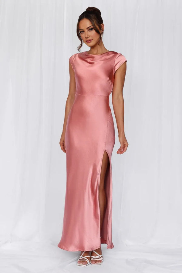 The Valentina Cap Sleeve Satin Maxi Dress Pink