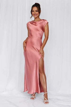 The Valentina Cap Sleeve Satin Maxi Dress Pink