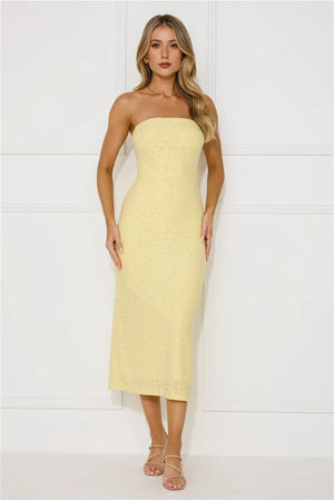 Tropical Tango Strapless Midi Dress Yellow