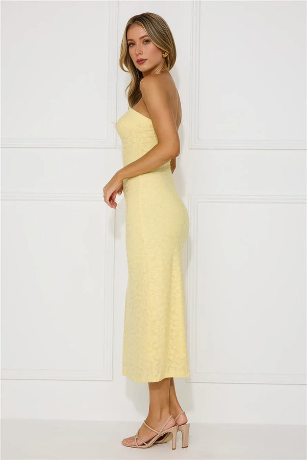 Tropical Tango Strapless Midi Dress Yellow