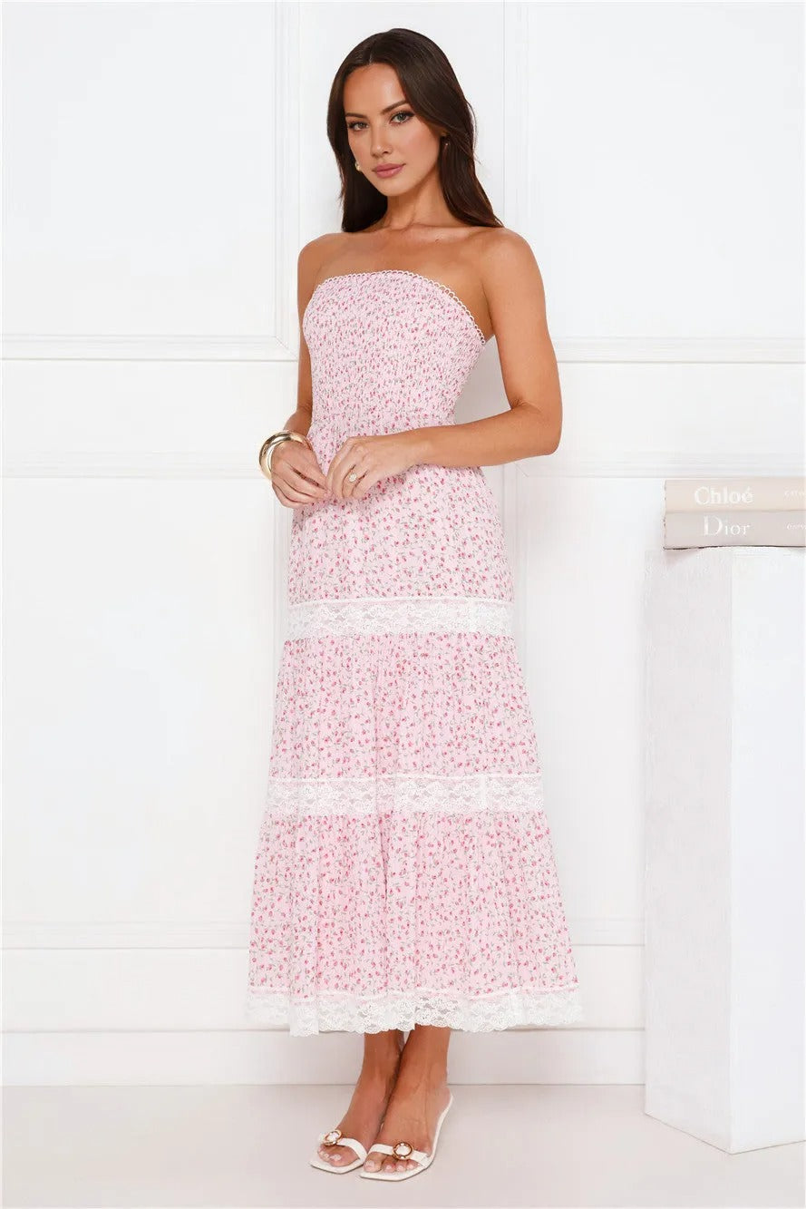 Under Palm Trees Strapless Midi Dress Pink