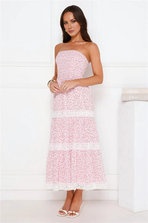 Under Palm Trees Strapless Midi Dress Pink