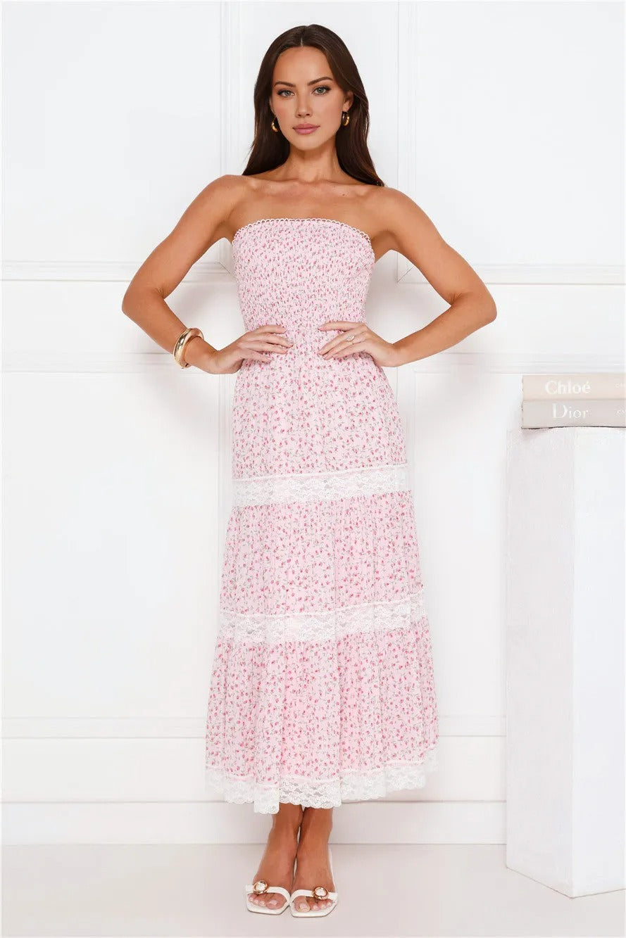 Under Palm Trees Strapless Midi Dress Pink