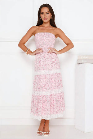 Under Palm Trees Strapless Midi Dress Pink
