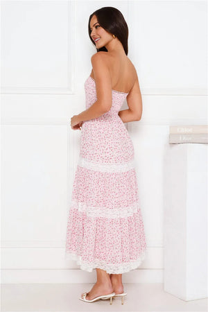 Under Palm Trees Strapless Midi Dress Pink