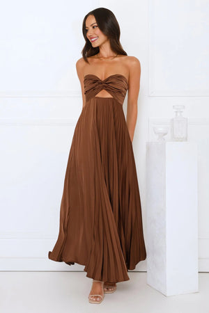 Vibes Are Priceless Strapless Satin Pleated Maxi Dress Brown