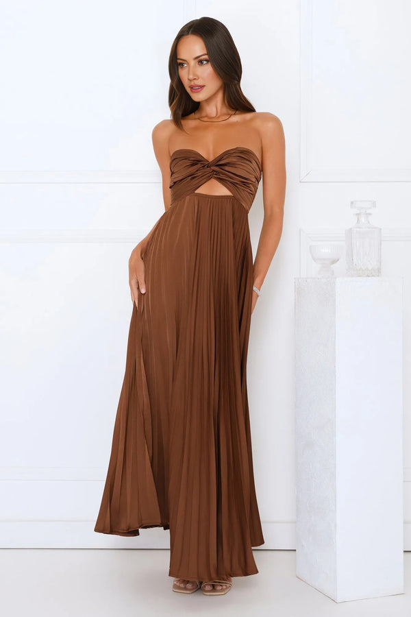 Vibes Are Priceless Strapless Satin Pleated Maxi Dress Brown