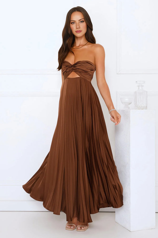 Vibes Are Priceless Strapless Satin Pleated Maxi Dress Brown