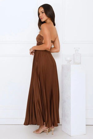 Vibes Are Priceless Strapless Satin Pleated Maxi Dress Brown