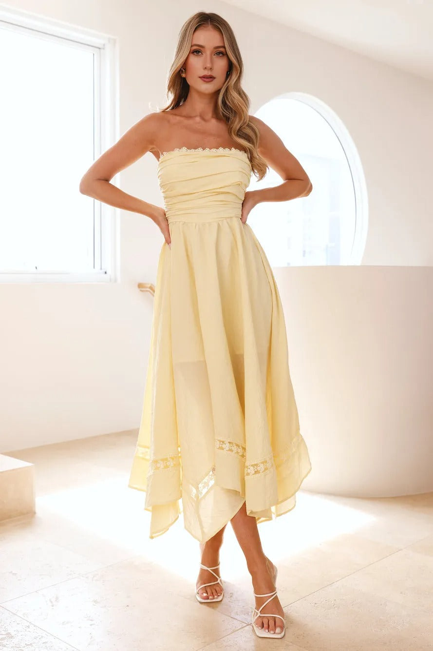 Visit The Moon Strapless Midi Dress Yellow