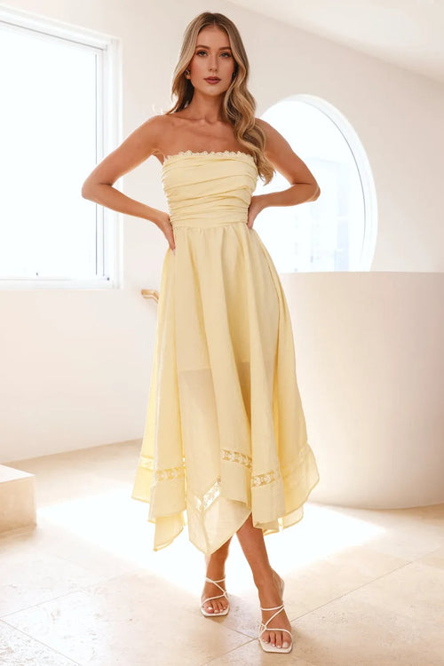 Visit The Moon Strapless Midi Dress Yellow