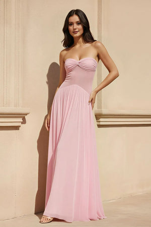Strapless Pleated Maxi Dress With Scarf in Pink