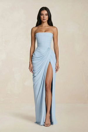 Strapless Pleated Sheath Long Prom Dress With Slit in Sky Blue