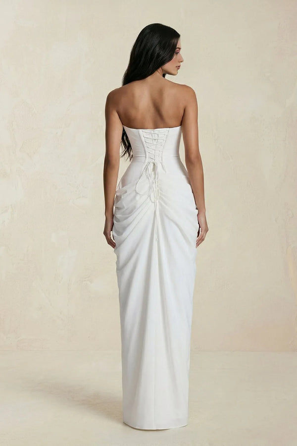 Strapless Pleated Sheath Long Prom Dress With Slit in Ivory