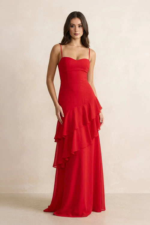 Spaghetti Straps Sheath Ruffled Maxi Dress in Red