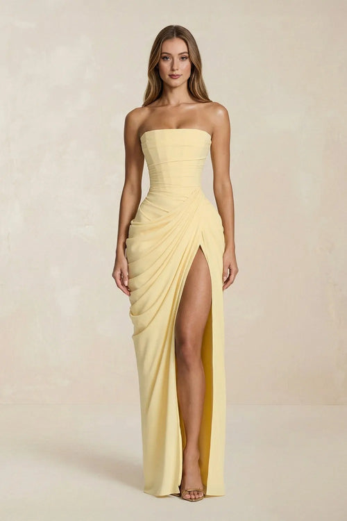 Strapless Pleated Sheath Long Prom Dress With Slit in Yellow