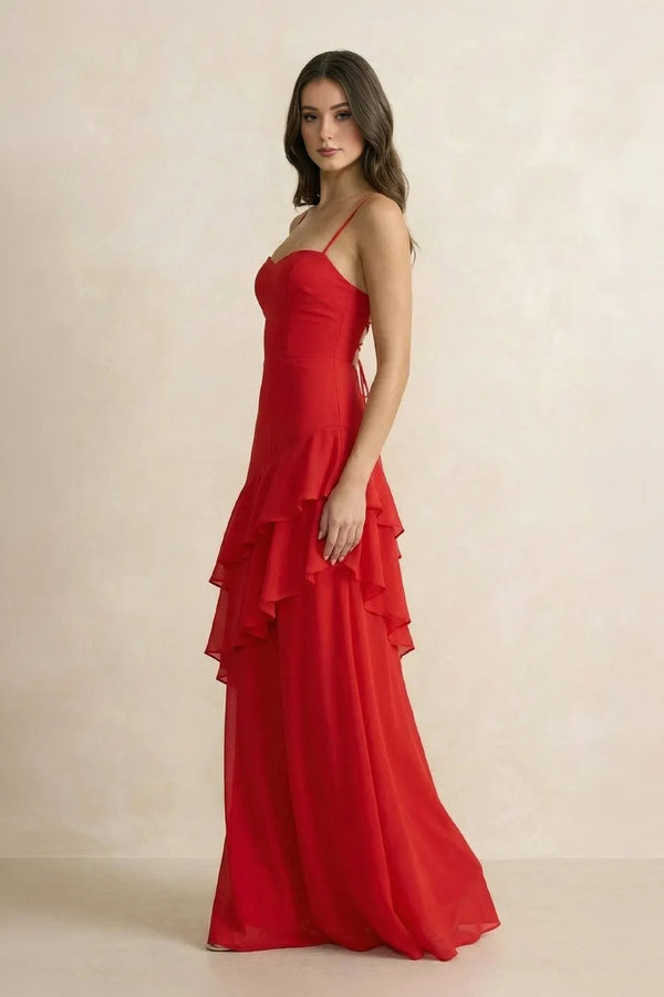 Spaghetti Straps Sheath Ruffled Maxi Dress in Red