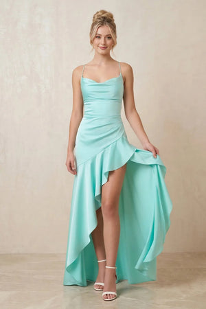 Spaghetti Straps Ruched Maxi Dress in Aqua