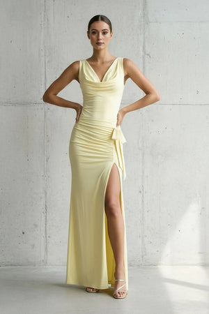 Cowl Neck Ruched Maxi Dress With Slit in Yellow