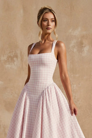 Square Neck Gingham Midi Dress in Pink