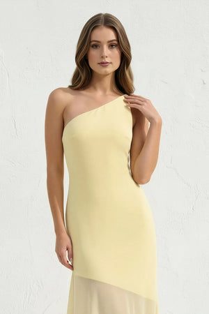 One Shoulder Sheath Open Back Maxi Dress in Yellow