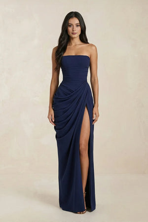 Strapless Pleated Sheath Long Prom Dress With Slit in Navy