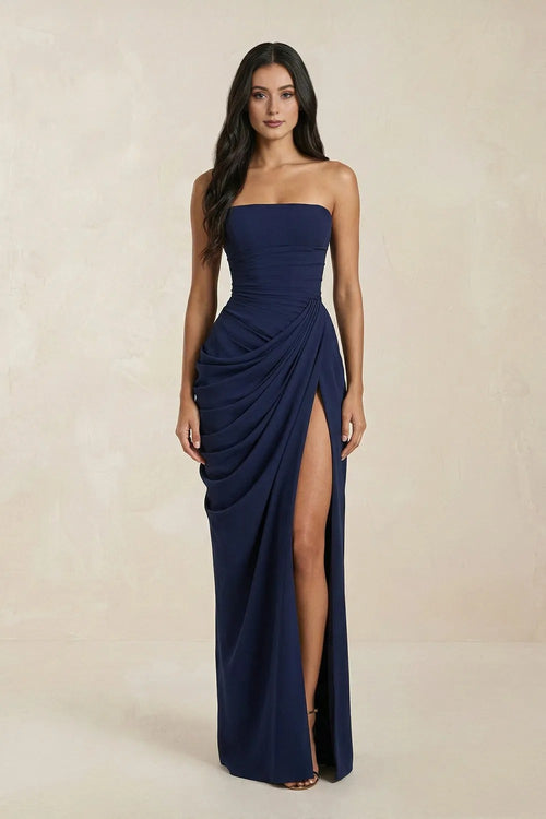 Strapless Pleated Sheath Long Prom Dress With Slit in Navy