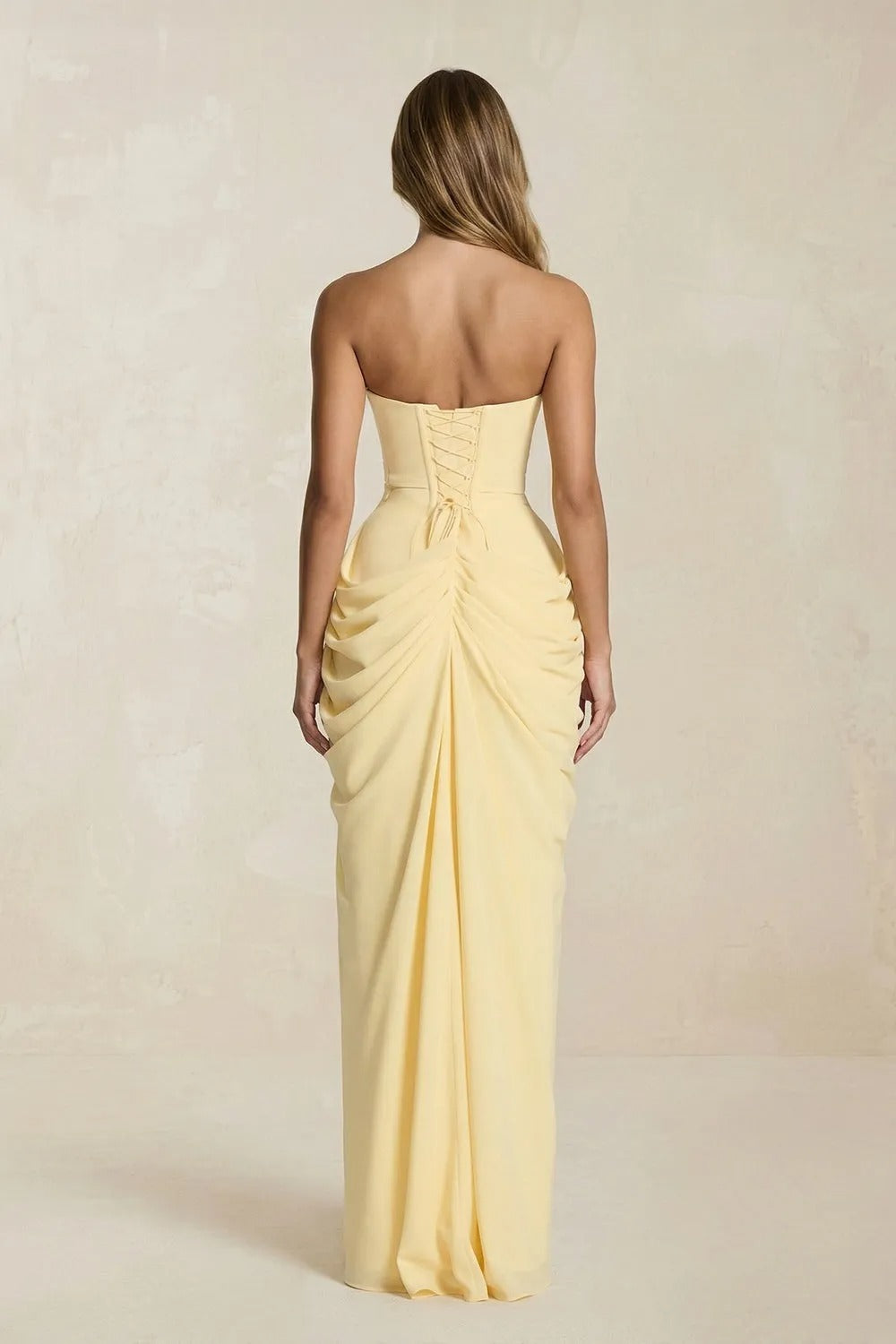 Strapless Pleated Sheath Long Prom Dress With Slit in Yellow