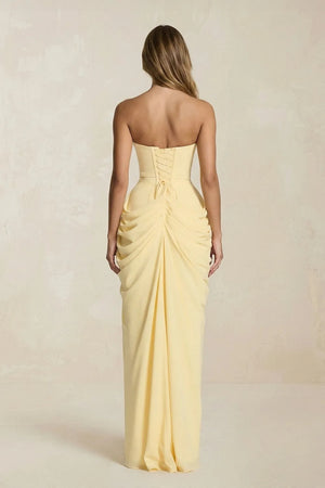 Strapless Pleated Sheath Long Prom Dress With Slit in Yellow