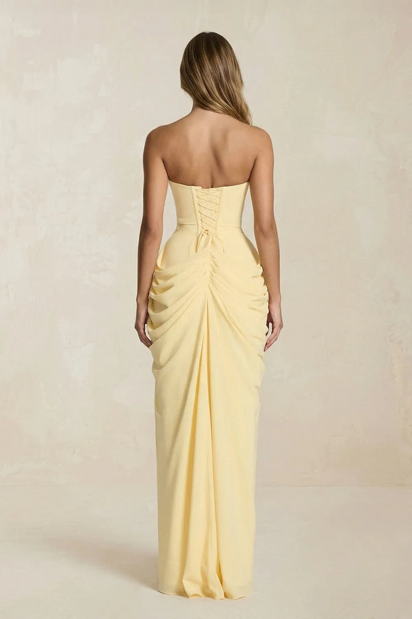 Strapless Pleated Sheath Long Prom Dress With Slit in Yellow