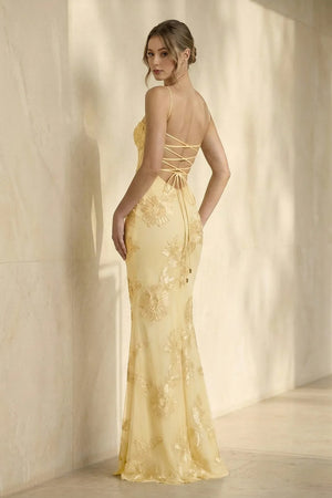 Spaghetti Straps Sheath Maxi Dress With Floral Embroidery in Yellow