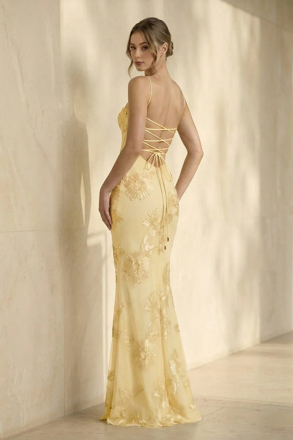 Spaghetti Straps Sheath Maxi Dress With Floral Embroidery in Yellow