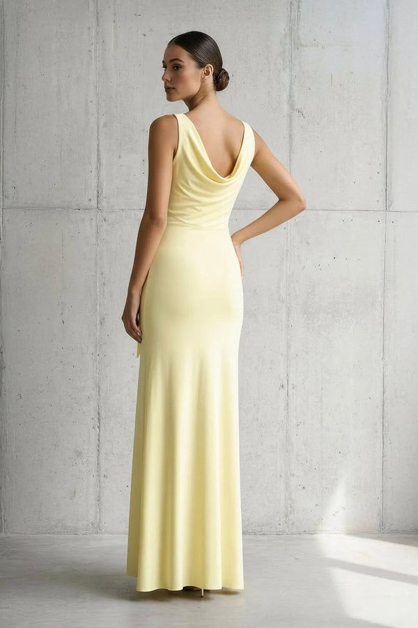 Cowl Neck Ruched Maxi Dress With Slit in Yellow