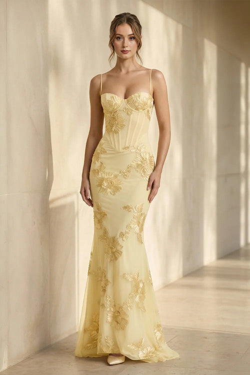 Spaghetti Straps Sheath Maxi Dress With Floral Embroidery in Yellow