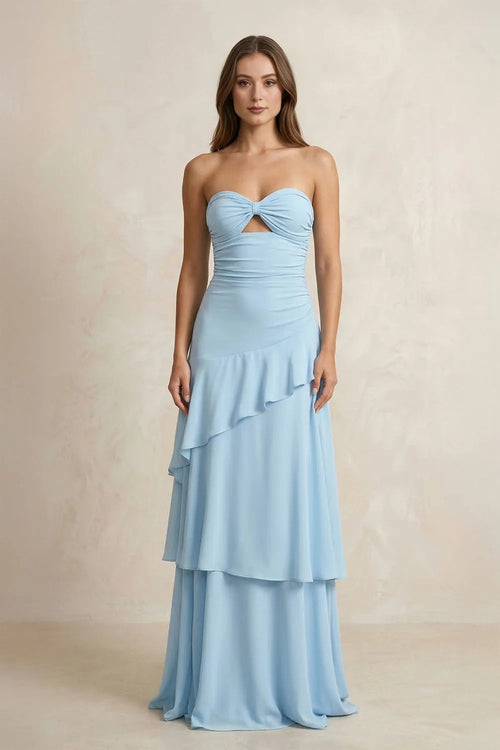 Sweetheart A-Line Ruffled Chiffon A-Line Long Prom Dress in Sky Blue