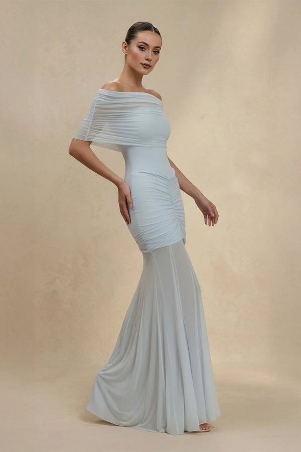 Off The Shoulder Pleated Midi Dress in Sky Blue
