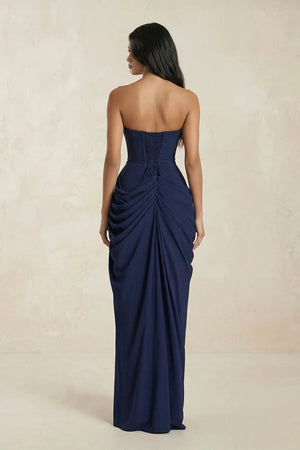 Strapless Pleated Sheath Long Prom Dress With Slit in Navy