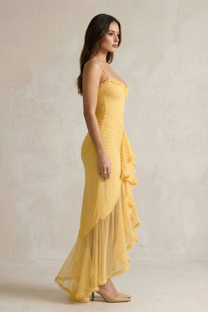 Ruched Maxi Dress With Ruffles in Yellow