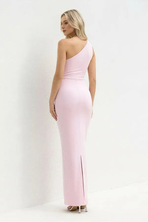 One Shoulder Ruched Sheath Maxi Dress in Blush