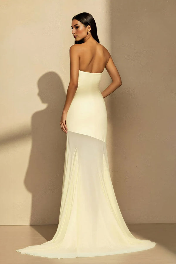 Strapless Sheer-Panel Maxi Dress in Yellow